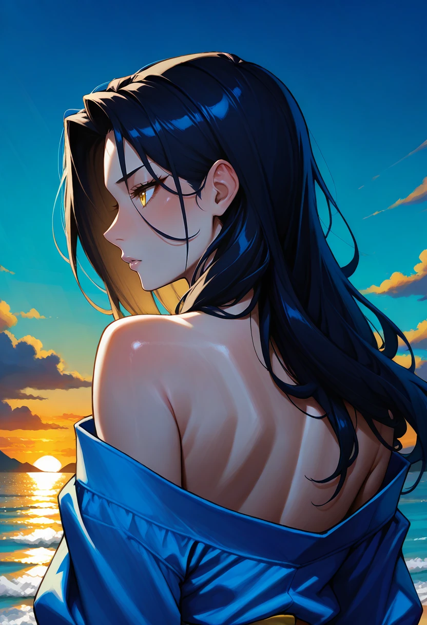 masterpiece, best quality, solo, androgynous,  <lora:NSLimstellaFE7Illu:1> NSLimstellaFE7, black hair, long hair, yellow eyes, from behind, blue kimono, blue theme, sunset, bare shoulders, off shoulder, outdoors, yellow theme