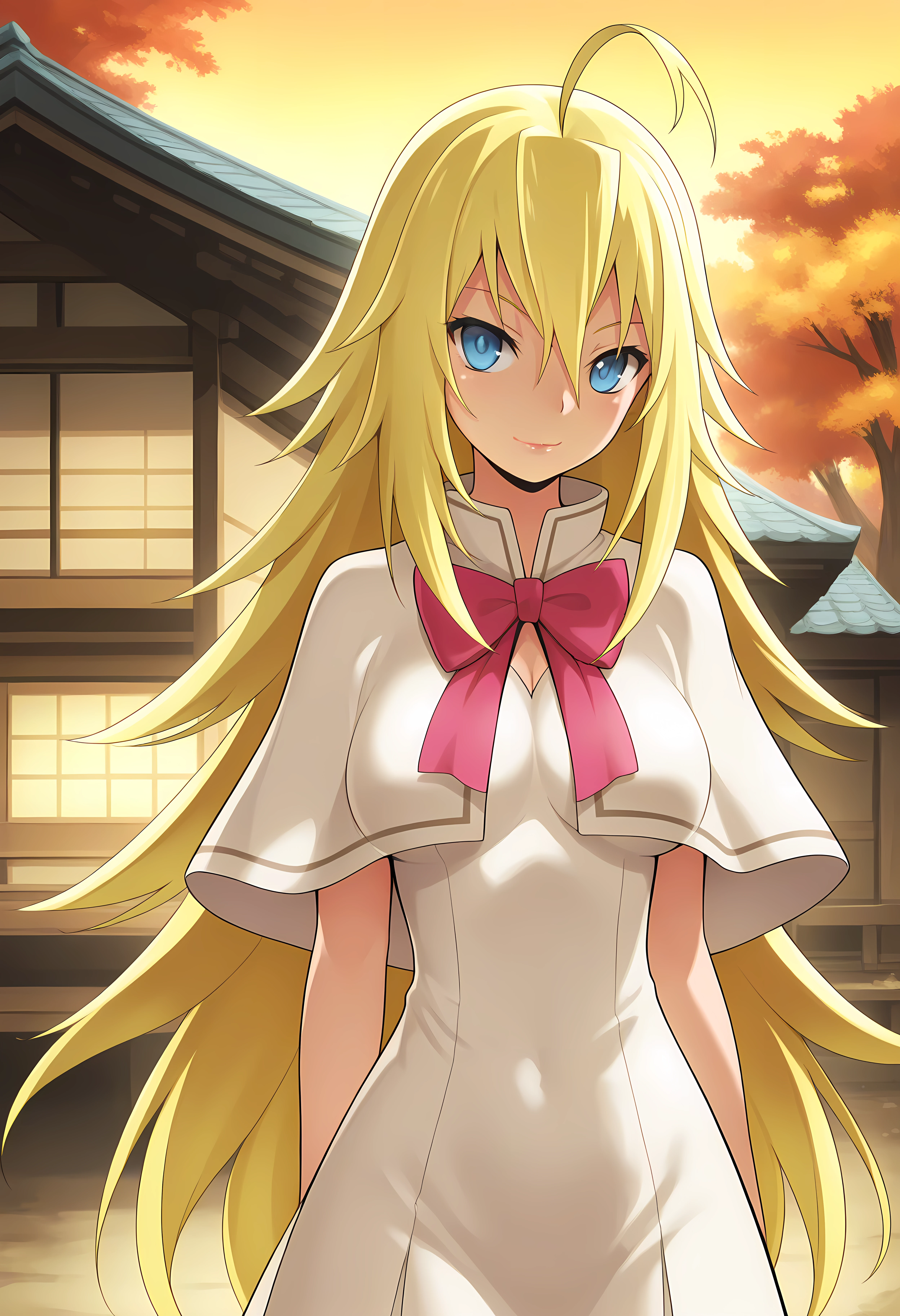 looking at viewer, closed mouth, shiny skin, light smile, petite,ohwx, blonde_hair, long_hair, 1girl, breasts, ahoge, blue_eyes, large_breasts, hair_between_eyes, very_long_hair,dress, capelet, white_dress, white_capelet, bow, Japanese mountain village with thatched roofs, autumn colors, warm and cozy ambiance, serene atmosphere,<lora:mio_kusakai_illustrious_sobsynapse-000003:1>