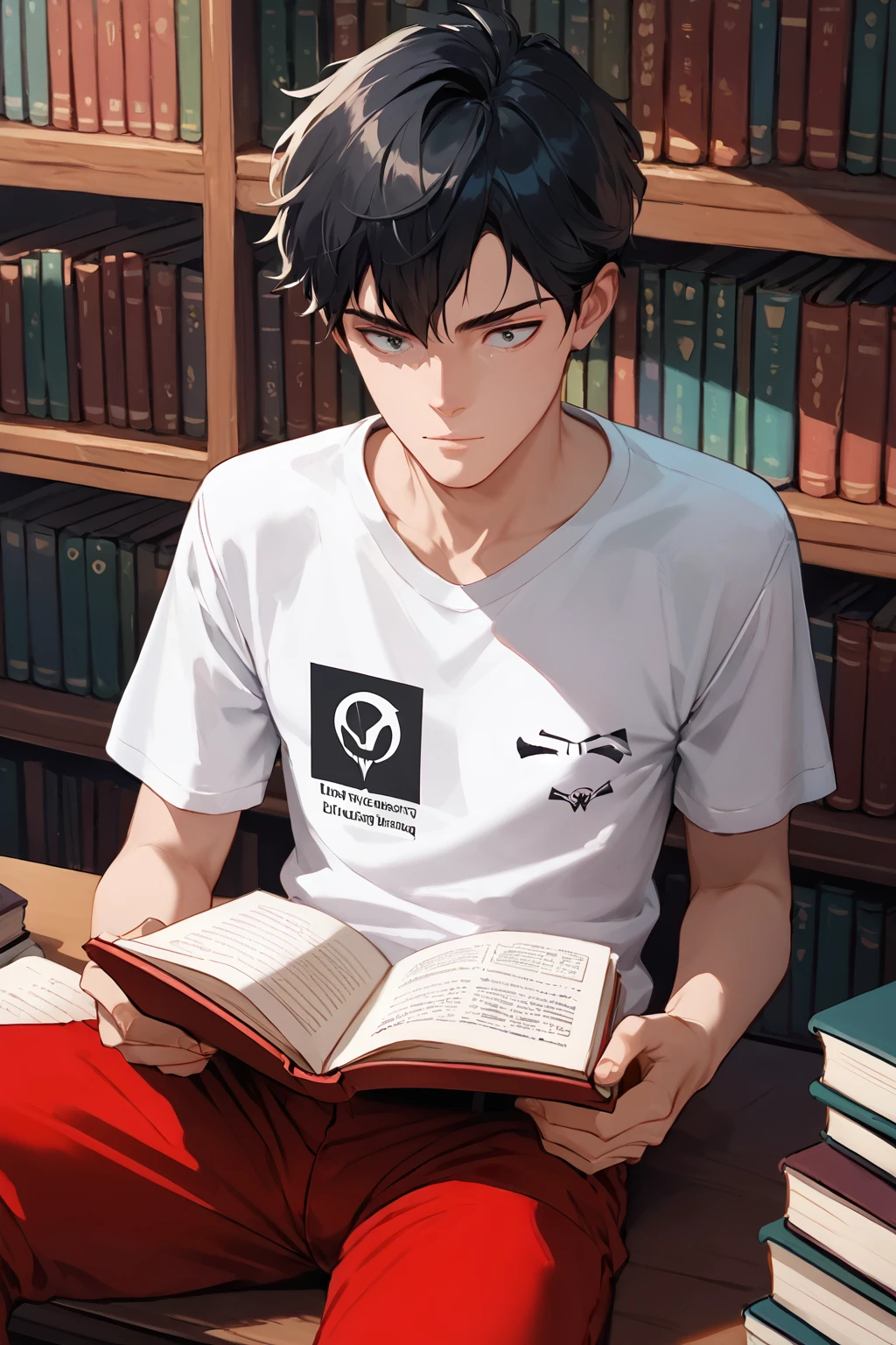 sci-fi illustration, gyunei, solo male, handsome face, black hair, slim build, t-shirt, red pants, <lora:gyunei:0.8>, reading many strategy books, library, (score_9, score_8_up, score_7_up)