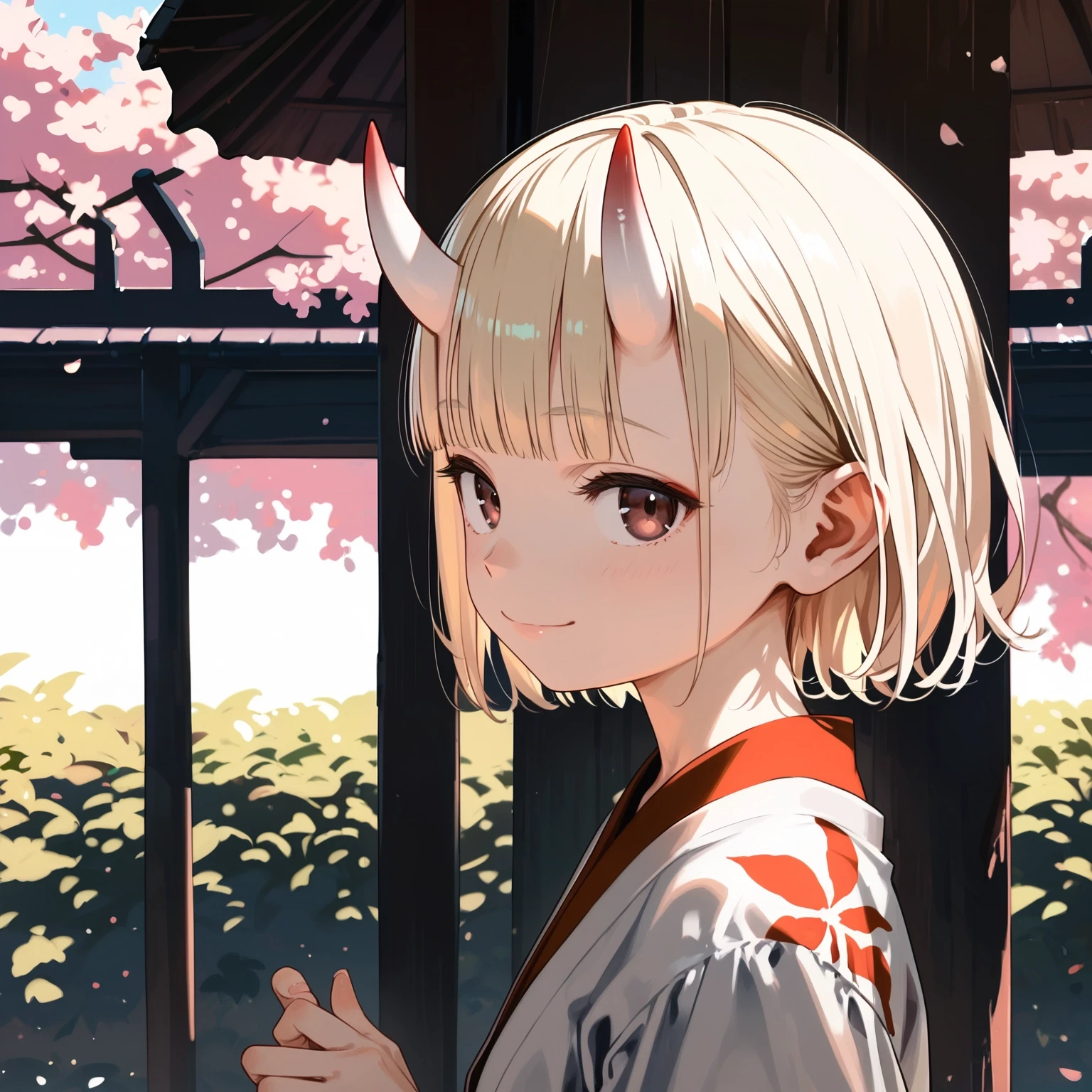 score_9, score_8_up, score_7_up, best quality, source_anime, rating_safe,  best_quality, incredibly_absurdres, outdoors,  solo, 1girl, albino,  blonde_hair, blunt_bangs, short_hair,  brown_eyes, looking_at_viewer,  small_breasts, narrowed_eyes, smile, closed_mouth, japanese_clothes, oni_horns,  from_side,