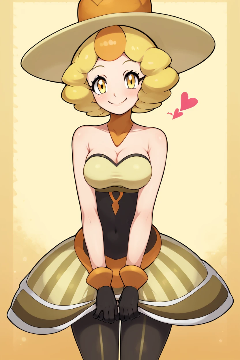 score_9, score_8_up, score_8, medium breasts, (curvy), cute, eyelashes,       ,,, , ,,,   zzNita, yellow eyes, blonde hair, short hair, yellow hat, yellow dress, bare shoulders, black gloves, pantyhose, <lora:Nita_Pokemon_PDXL:1.0>,       ,,,, BREAK, <lora:Afrobull_PDXL_v5:0.8>,  ,,, BREAK, smile, looking at viewer, closed mouth, cowboy shot,  ,,, embedding:zPDXL, Expressiveh, ,,, <lora:SDXLFaeTastic2400:0.5>, <lora:Expressive_H-000001:0.4>,