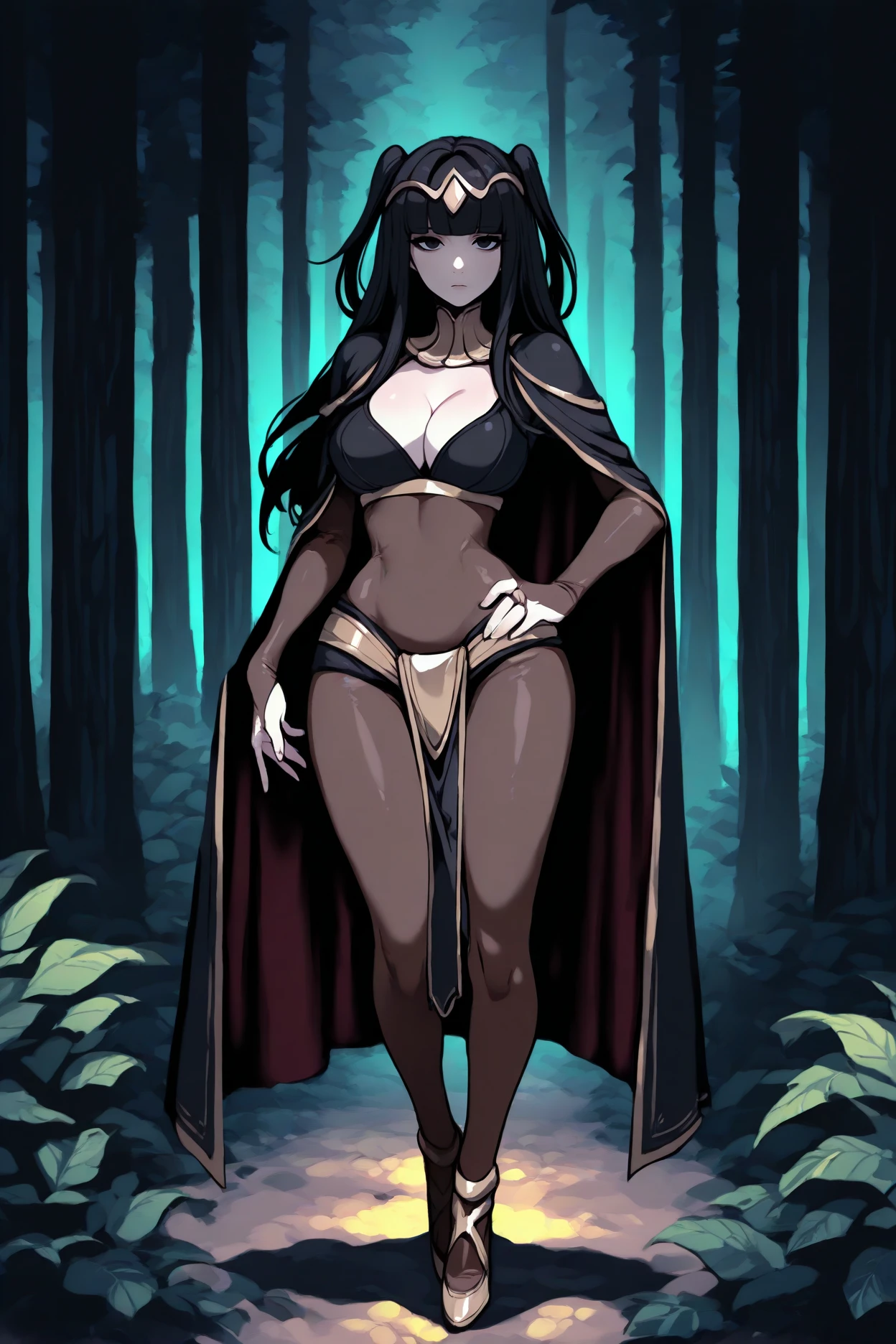 masterpiece, best quality, 1girl, solo, <lora:fetharja-illu-nvwls-v1-000005:1> dfThja, black hair, black eyes, two side up, tiara, cape, bodystocking, bodysuit, cleavage, bridal gauntlets, pelvic curtain, looking at viewer, emotionless, large breasts, full body, hand on hip, forest, night