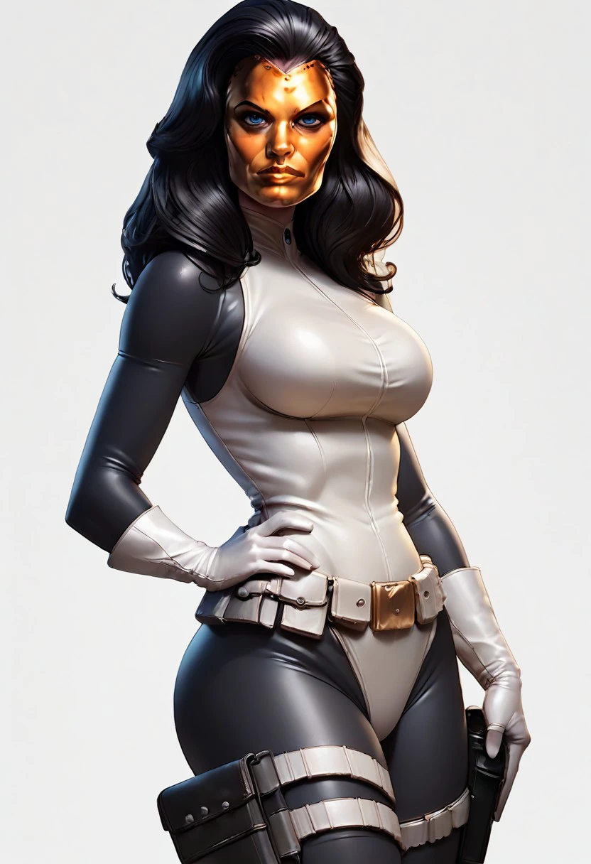 Score_9, score_8_up, score_7_up, best quality, 
Madame Masque, 1girl, Gold Mask, Bodysuit, Gloves, Belt, Holster, Boots, hand's on own hip, large breasts, thick thighs, skinny waist, looking at viewer, blue eyes,