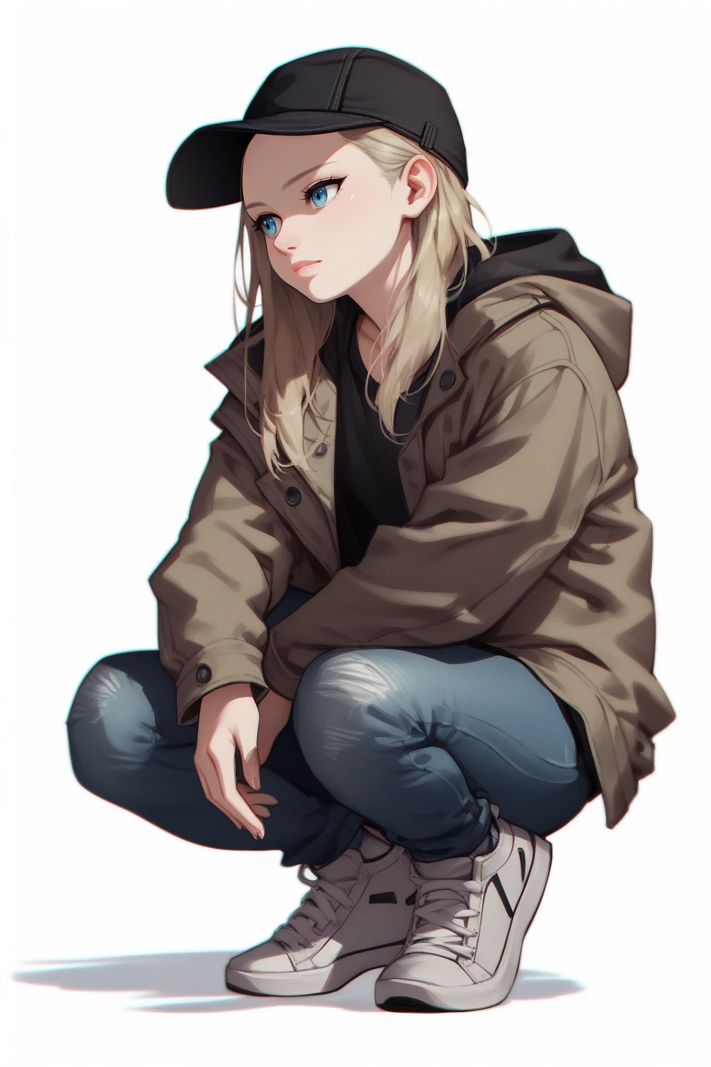 1girl, solo, full body, white background, rosewinters, blonde, blue eyes, cap, brown jacket, black hoodie, denim pants, white sneakers <lora:RE_Winters-PONY:0.8>, score_8_up, score_7_up, score_6_up, score_5_up, score_4_up,