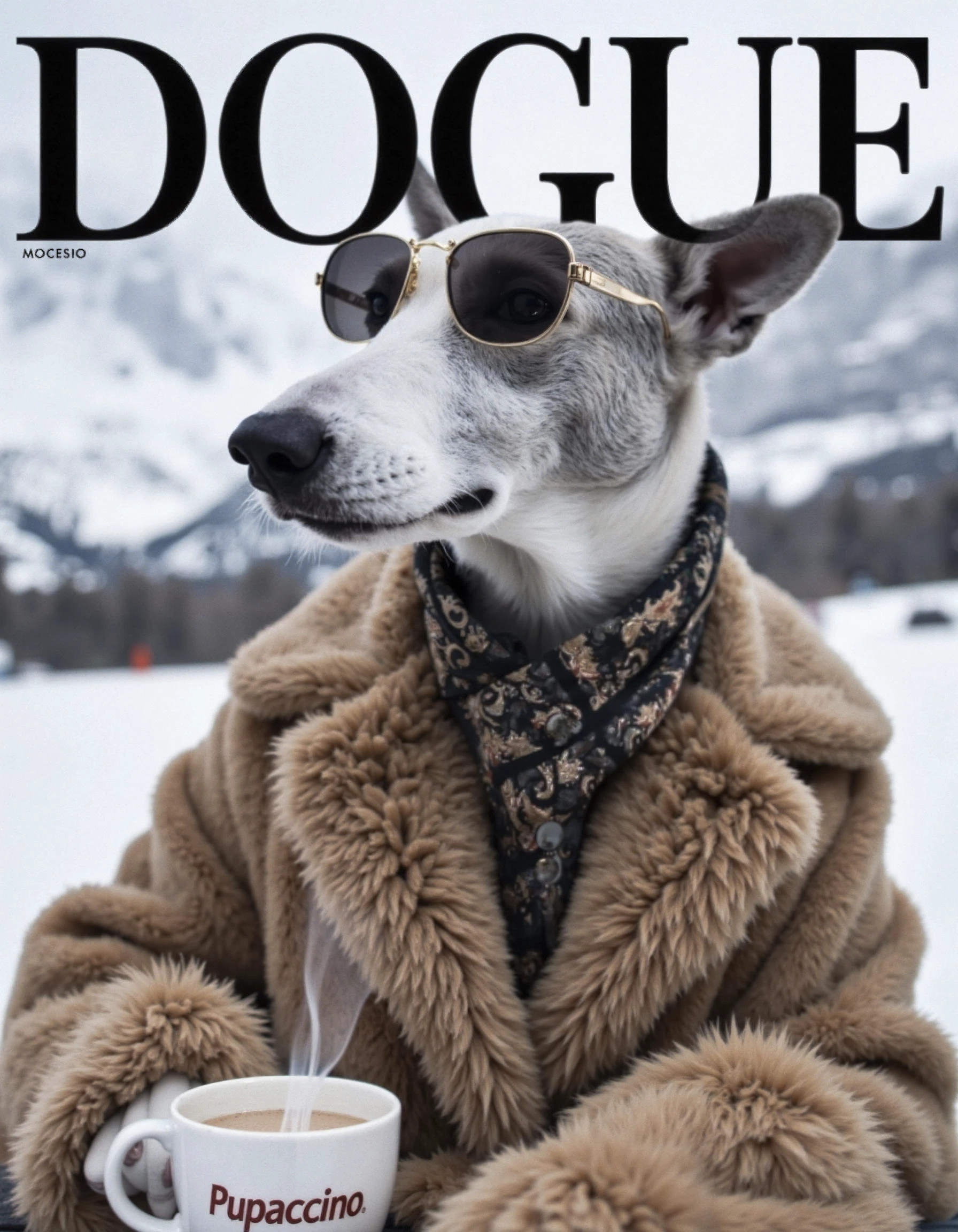 "DOGUE" magazine cover featuring a regal-looking Afghan Hound or Saluki, elegantly dressed in high-fashion, luxurious winter wear. The dog is wearing a plush faux fur coat, a scarf with intricate patterns, and small, round designer sunglasses. It’s posed against a snowy mountain backdrop, giving off serious "après-ski" vibes. To add a touch of humor, a tiny mug labeled "Pupaccino" is in front of the dog, with steam curling up as if it’s enjoying a warm drink after a day on the slopes. The cover text could read: "Ski Lodge Chic – Winter Style for the Sophisticated Pup."

Style: Winter luxury, high-fashion, editorial elegance with a hint of humor.
Color Palette: Cool winter tones—snowy whites, icy blues, and soft grays, with hints of warm beige or brown for contrast.
Shot Angle: Eye level to capture the dog’s sophisticated pose and luxurious attire.
Expression and Details: The dog has a calm, confident expression, looking off into the distance as if lost in thought—or simply basking in the cozy atmosphere.