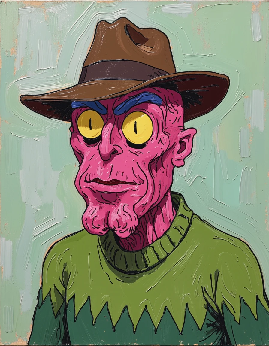 scaryterry, portrait of a scary man with pink skin who is wearing a green zigzag pattern sweater and a brown hat, oil painting, textured brush strokes,   <lora:scaryterry-640-160:1>  <lora:style_of_Vincent_van_Gogh_FLUX_123:0.6>