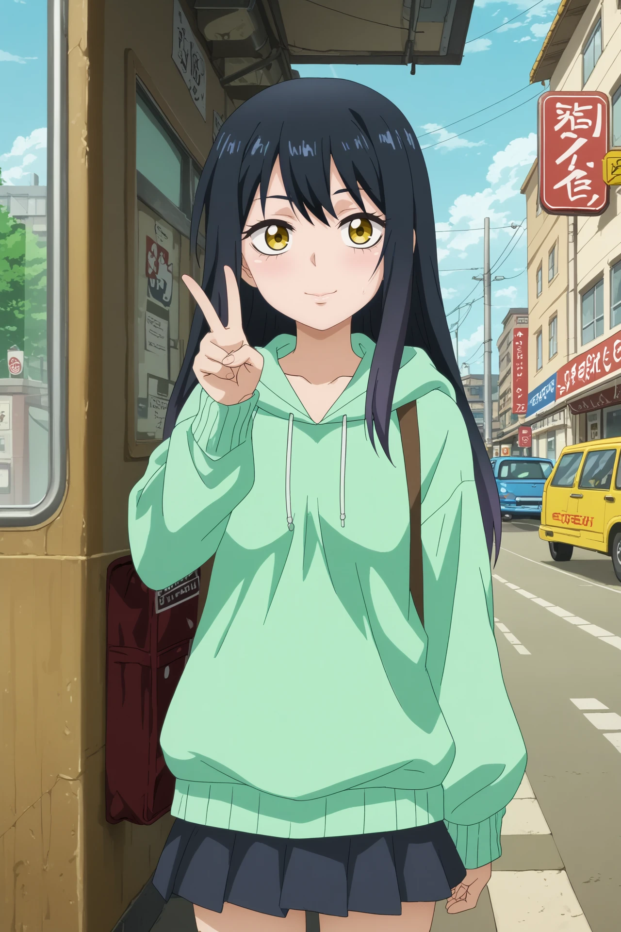 mieruko,1girl,solo,long hair,hooded sweater,green hoodie,black skirt,mini skirt,bus stop,upper body,peace sign,light smile
BREAK
outdoors,bus stop,road,city


<lora:Mieruko_-_Mieruko_Chan.safetensors:0.8>
<lora:detailed_backgrounds_v2.safetensors:0.5>