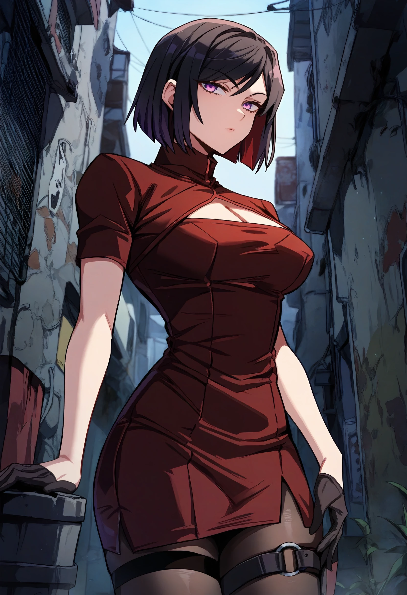 score_9, score_8_up, score_7_up, score_6_up, source_anime, rating_explicit, 1girl, solo, huge breasts,<lora:Cha Sohui prefectPonyxl:0.95> short hair, black hair, purple eyes, red hair, colored inner hair, turtleneck, red shrug \(clothing\), red dress, cleavage cutout, short sleeves, black gloves, half gloves, short dress, thigh strap, black pantyhose, closed mouth, alley, outdoors, looking at viewer, standing