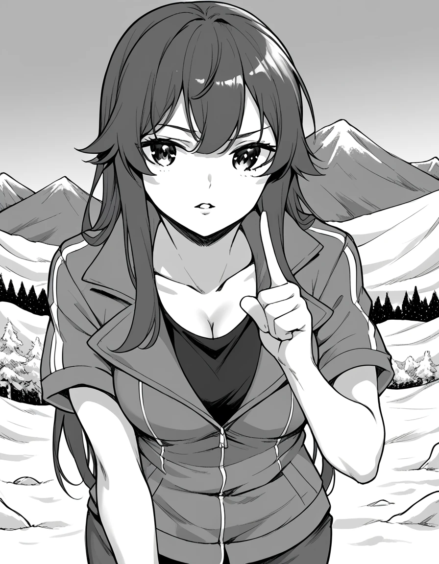 score_9, score_8_up, score_7_up, source_anime, <lora:hashira-harumachi-manga-ponyxl-lora-nochekaiser:1>, hashira harumachi, long hair, bangs, monochrome, greyscale, large breasts,, shirt, cleavage, collarbone, jacket, short sleeves, jacket on shoulders,, mountain, rock, height, snow, trees, , <lora:finger-to-cheek-ponyxl-lora-nochekaiser:1>, finger to cheek, index finger raised, pointing at self, bedroom, parted lips, leaning forward, bent over, cowboy shot, dutch angle,, looking at viewer, solo,, dutch angle, cowboy shot