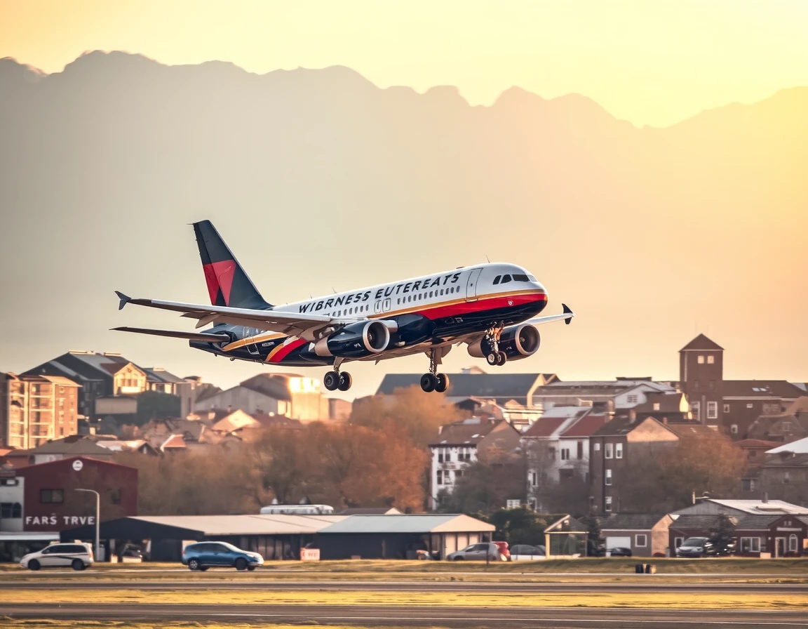 airbus a319, landing, hot day, city in the background<lora:airbus_a319_Schnell_f1:1>