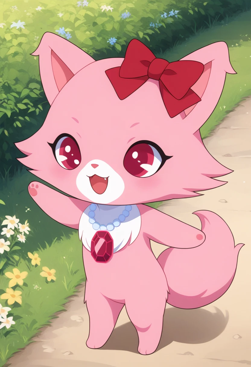 score_9, score_8_up, score_7_up, score_6_up, score_5_up, BREAK
garnet, anthro, female, jewelpet, solo, 1 bow, jewelry, standing, pink fur, (pink chest:1.2), tail, full body, red eyes, flower, hair bow, necklace, red bow, no humans, , cat, grass, gem, , pink paws, park, chibi, open mouth, happy