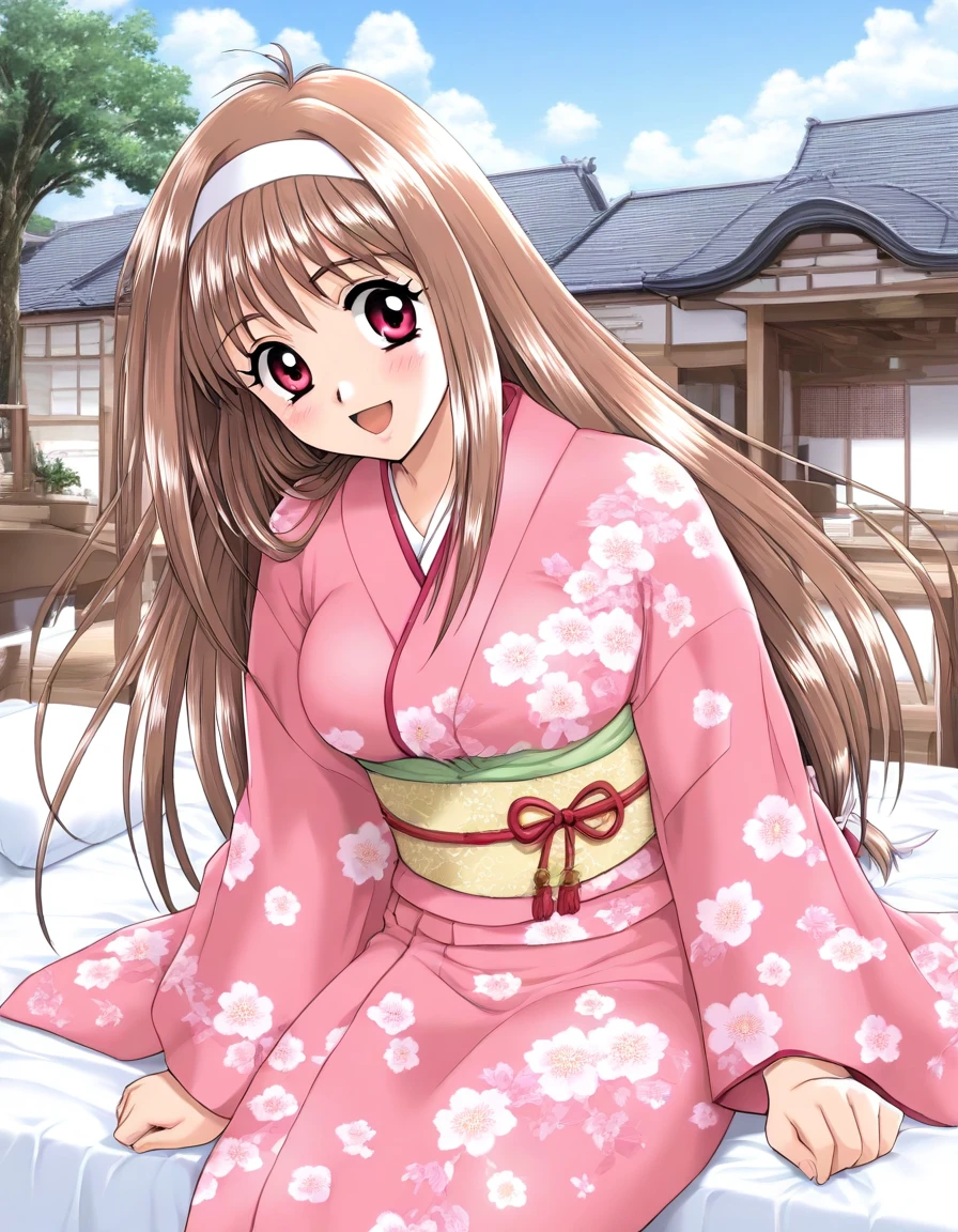 masterpiece, best quality, good quality, <lora:Yuuki_Mizuho_IS:1>YuukiMizuho, 1girl, solo, long hair, brown hair, white hairband, red eyes, breasts, open mouth,
1girl, japanese clothes, kimono, solo, sash, blush, outdoors, day, smile, sky, floral print, tree, cloud, looking at viewer, pink eyes, building, upper body, long sleeves, 
bed, room,