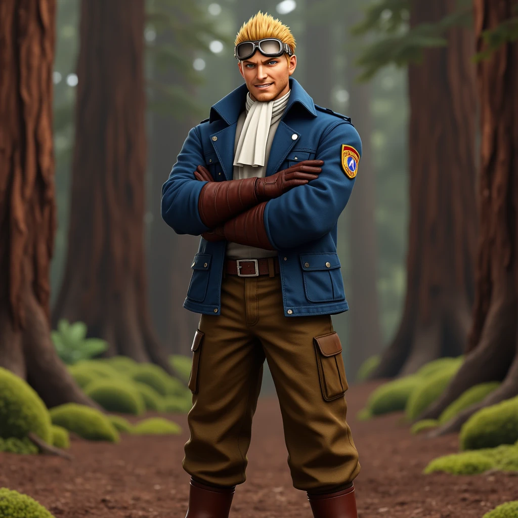 cidhighwind, rebirthcid, cid highwind, a full body perspective of rebirthcid  wearing a blue jacket brown pants and brown boots and has his arms crossed over his chest. He is wearing goggles on his forehead and has a belt with a buckle on his waist. There is a patch on the left jacket sleeve, and he is standing outdoors in a wooded area of gorgeous redwood trees, the picture is extremely detailed and realistic looking, 3d, outdoors, detailed background, redwood tree, blond hair, blue denim jacket, blue eyes, brown leather belt, brown leather boots, brown pants, crossed arms, facing viewer, full body, real life, realistic, goggles on head, grin, hair slicked back, highres, leather aviator gloves, light grey shirt, light skin, long sleeves, looking at viewer, male, mature male, medium hair, muscular male, perfect body, perfect face, sfw, stubble, teeth, white scarf