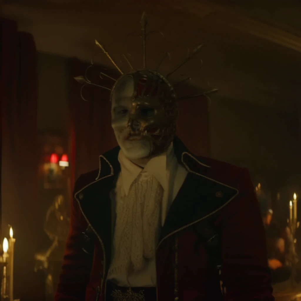 redjackdp, A full-body portrait of Red Jack standing in a dimly lit, grand room with Victorian decor. He wears a red military coat with gold embroidery, a white ruffled shirt, black lapels, and a red sash belt. His face is half-covered with a skeletal mask, and an ornate gold crown with spikes rests on his head. He stands with a sinister expression, white gloved hands by his side, intense gaze looking forward. The atmosphere is dark and gothic, with shadows emphasizing the dramatic details of his outfit and skeletal mask.