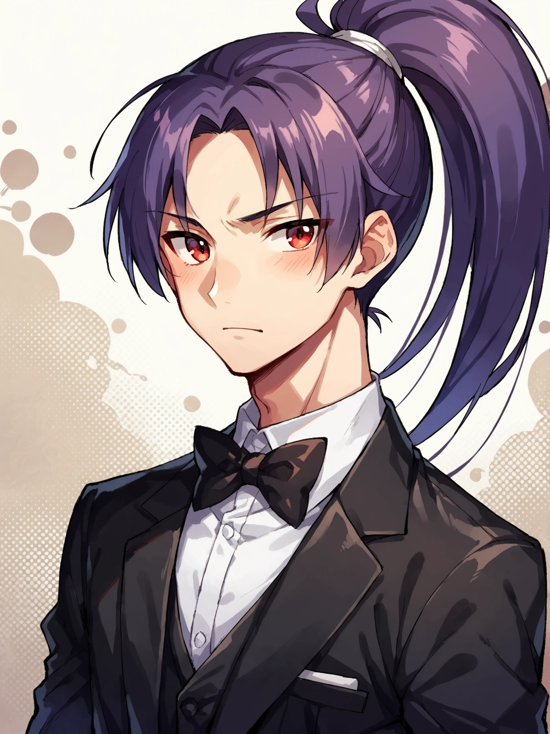 score_9, score_8up, score_7up, score_6up, score_5up, score_4up, dynamic angle, dutch angle, abstract background, source_cartoon, rating_safe, BREAK
solo, 1boy, solo, ss_genjuro, purple hair, red eyes, ponytail, black tuxedo, bowtie, BREAK
 <lora:Genjuro_Kibagami_-_Samurai_Shodown_-_PDXL:1>