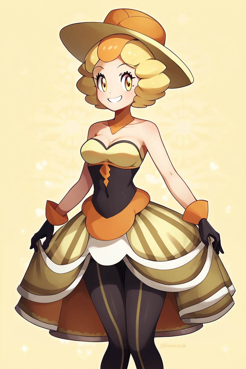 score_9, score_8_up, score_8, medium breasts, (curvy), cute, eyelashes,       ,,, , ,,,   zzNita, yellow eyes, blonde hair, short hair, yellow hat, yellow dress, bare shoulders, black gloves, pantyhose, <lora:Nita_Pokemon_PDXL:1.0>,       ,,,, BREAK, smile, looking at viewer, cowboy shot, ,,, embedding:zPDXL, <lora:theButcherXPDXL:0.8>,