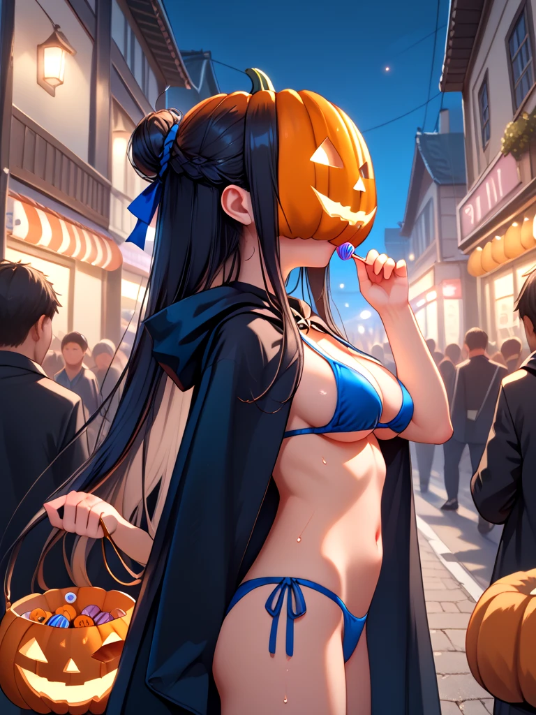 score_9, source_anime, realistic, glowing, pumpkin head, pumpkin mask, faceless, upper body, 1girl, peeking out, holding lollipop, carrying bucket, parted lips, blue bikini, blue thong, black cloak, petite, sweat, skinny, large breasts, thighs, black hair, updo, absurdly long hair, crowd, street, night, from side, from below, <lora:girllikepumpkinhead_pony:0.9>