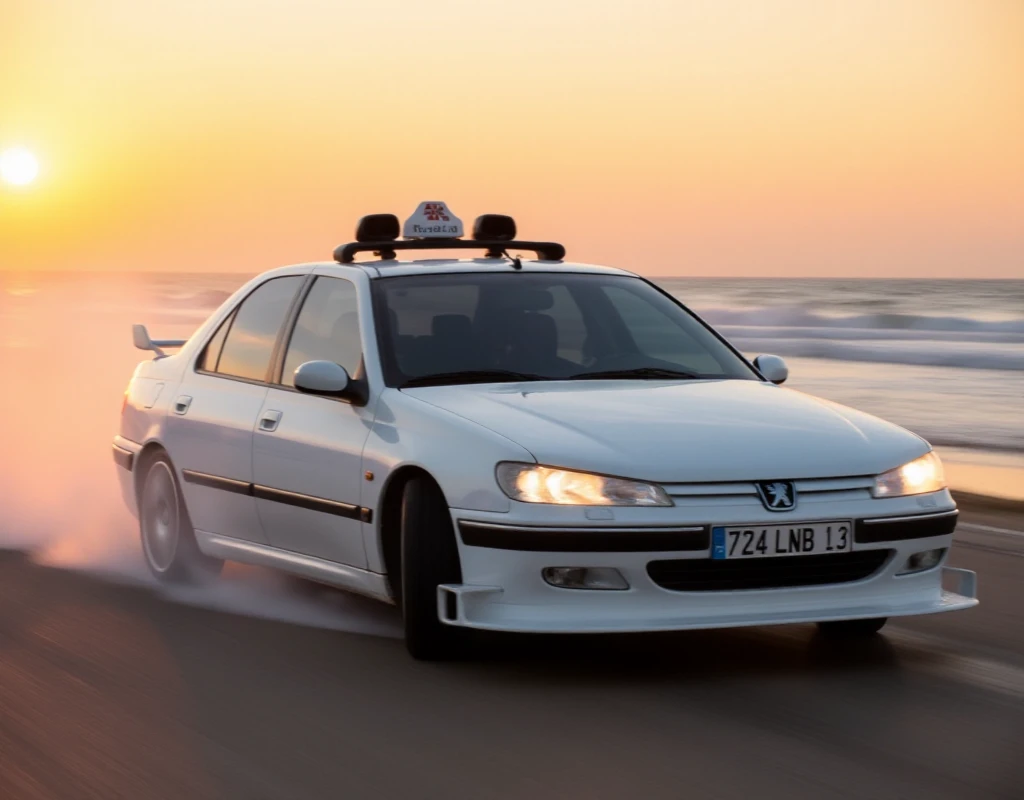 A completely sporty white Peugeot 406 taxi with two air intakes on the roof is drifiting on a beach at sunset. the licence number is "724 LNB 13"
 <lora:406:0.9>