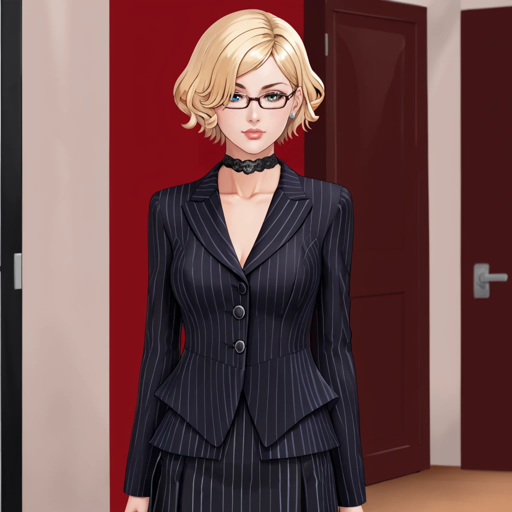 <lora:paulashadowofthedamned_pony_v1:.8> Paula, 1girl,short hair, blonde hair, blue eye, silver eye, heterochromia,  hair over one eye, lips,  cowboy shot,  <lora:0856 OL professional suit skirt 1_v1_pony:1> ruanyi0856,striped jacket,choker,black pantyhose,striped skirt,glasses,black skirt,pinstripe pattern