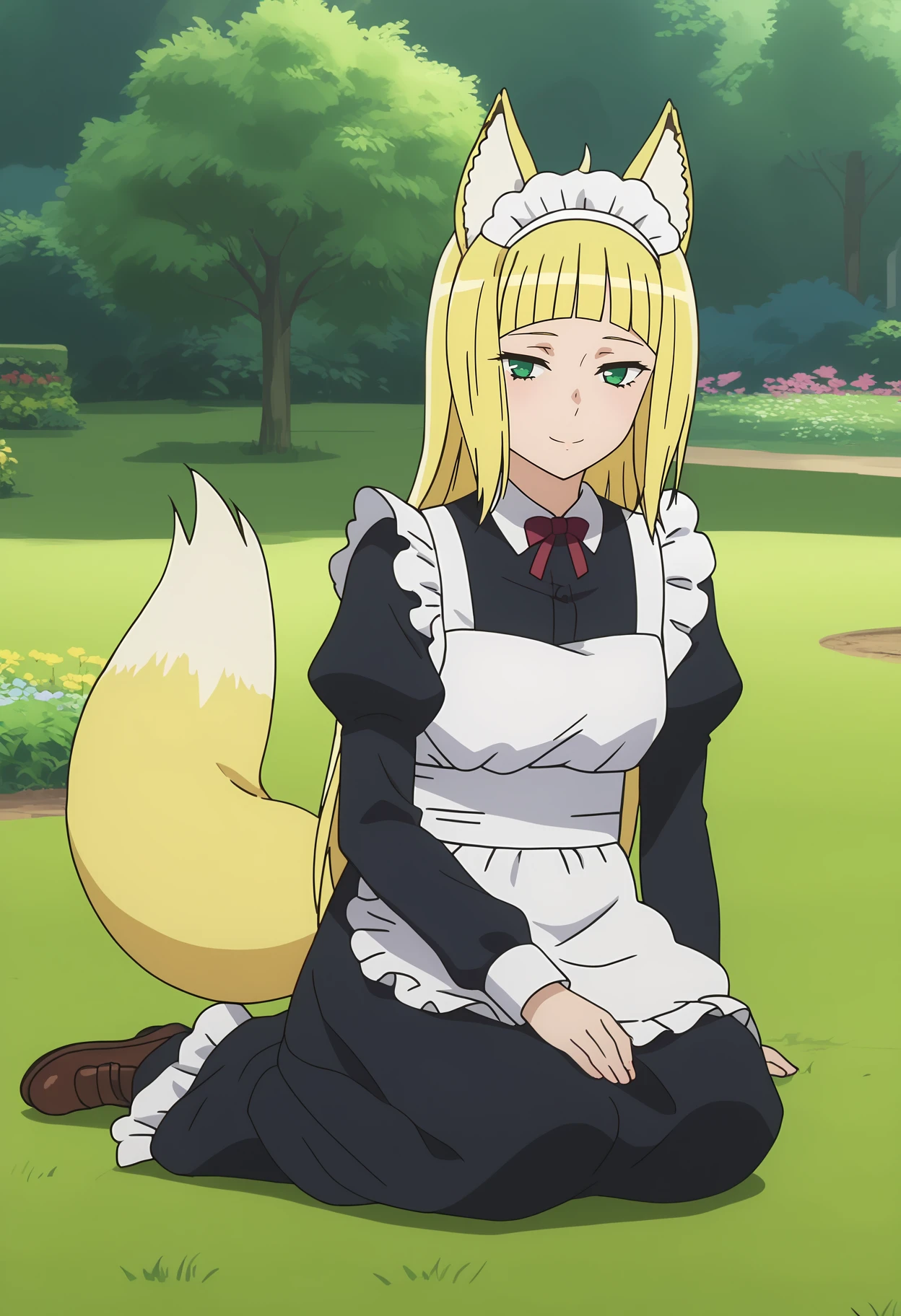 score_7_up, anime screencap,
<lora:DanMachi_HaruhimeSanjounoXL:0.9>,
1girl, closed mouth, light smile,
long hair, blonde hair, blunt bangs, green eyes, animal ears, fox tail,
HaruhimeMaid, maid headdress, maid apron, white apron, frills, black dress, red bowtie, juliet sleeves, long sleeves,
sitting, on ground, looking at viewer,
grass, tree, garden