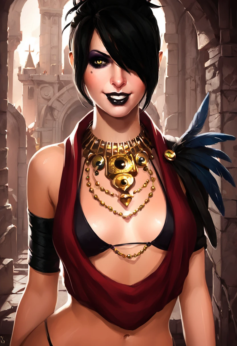 1girl, solo,  looking at viewer, grin,   <lora:NicoleHeat_Pony_V2_con_b2_32-000005:0.8>, <lora:MorriganDwnsty:1> morrigan_da, black hair, yellow eyes, hair over one eye, short hair, hair bun, jewelry, necklace,  nail polish, black nails, black lips, fingernails, fingerless gloves, eyeshadow, lips,  string bikini top only,  feathers, uneven sleeves, ruins of castle,, score_9, score_8_up, score_7_up,