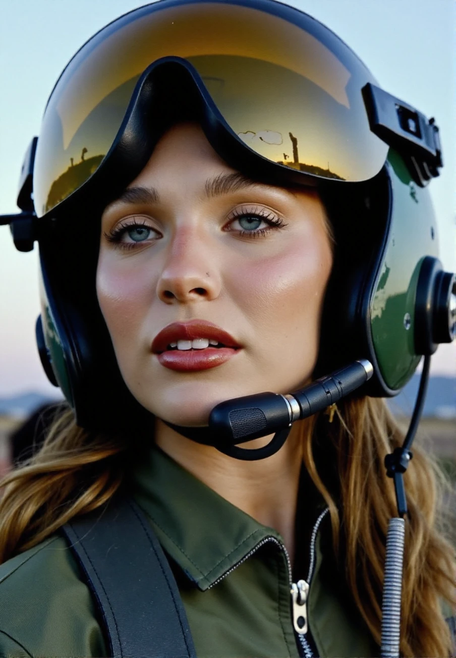 A professional photograph of a young woman Maddie_Ziegler, working as a helicopter pilot, wearing a helmet and a military flight suit, striking make-up, detailed skin, bokeh, SFW<lora:Maddie_Ziegler:1>