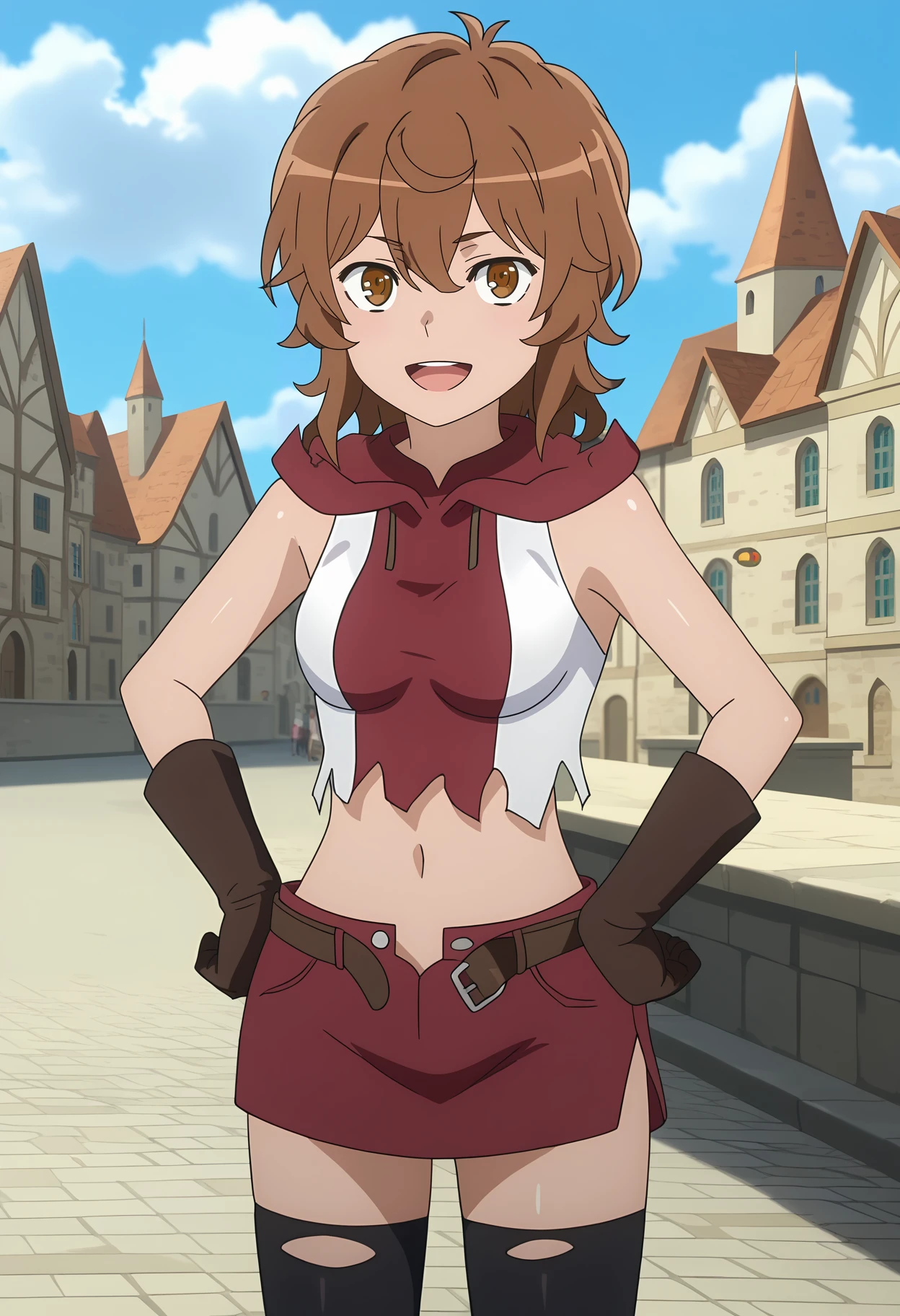 score_7_up, anime screencap,
<lora:DanMachi_LilirucaArdeXL:0.9>,
1girl, open mouth, light smile, upper teeth only,
short hair, brown hair, brown eyes, hair between eyes,
LiliAdventurer, torn shirt, hood, sleeveless shirt, crop top, red shirt, white shirt,
miniskirt, red skirt, open fly, open belt, brown belt,
brown gloves, torn thighhighs, black thighhighs,
hands on own hips, thigh gap, standing, looking at viewer,
medieval, city, outdoors, blue sky