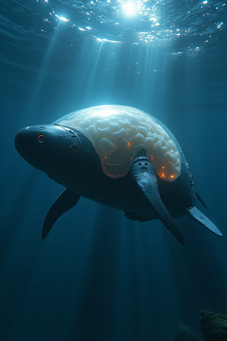 mechbrain,a Balaenoptera musculus floating under ocean