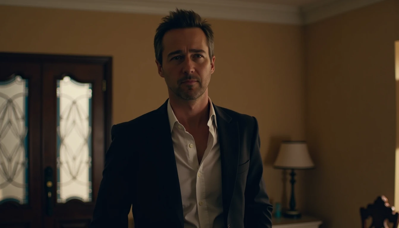 Edward Norton dressed elegantly in a room with soft light