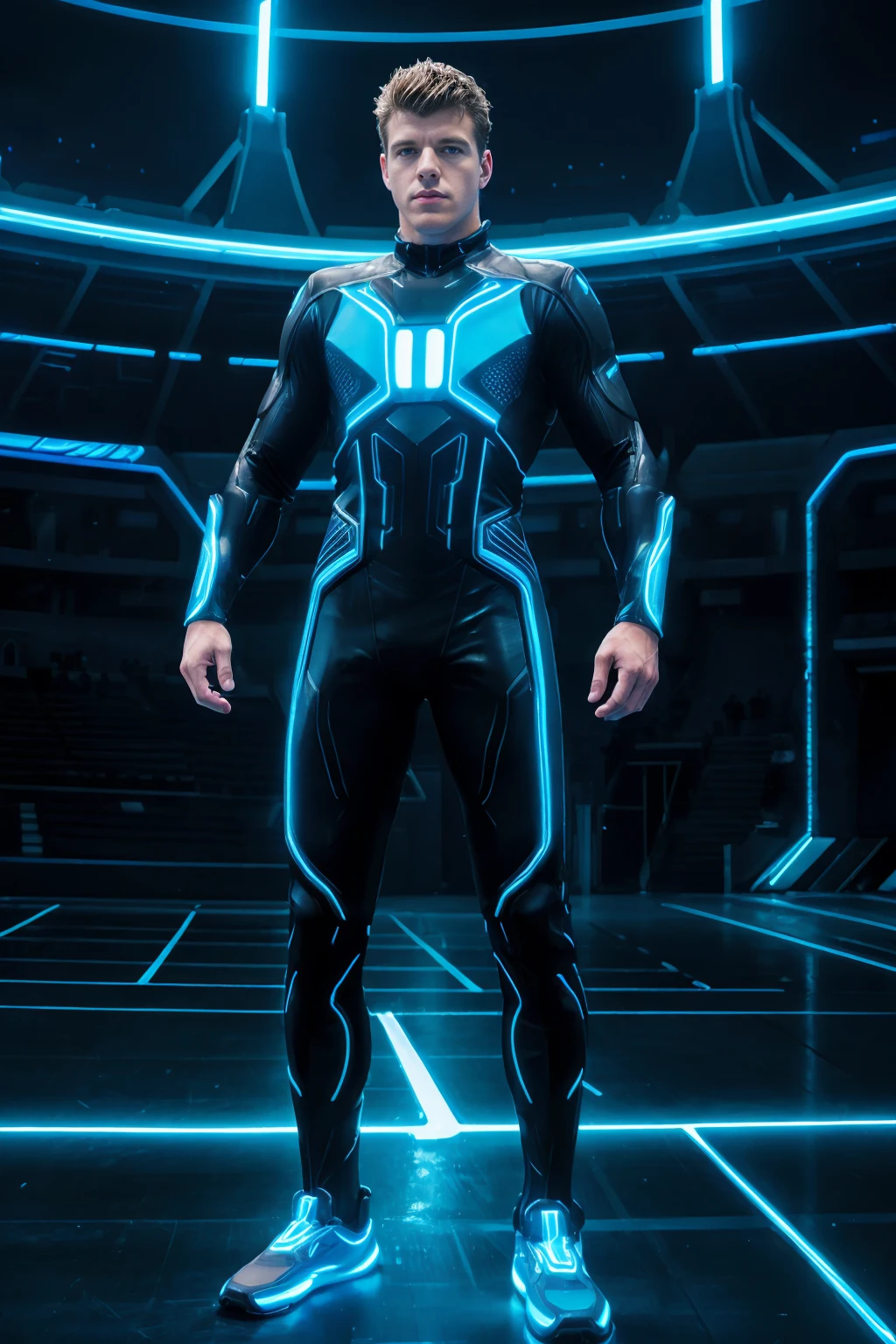 futuristic arena, neon lighting, Tron style, (arena stadium in the Tron video game), JJKnight, wearing a Tron bodysuit, (dynamic pose), (male focus:1.3), looking at camera, ((full body portrait)), wide angle  <lora:JJKnight:0.8>  <lora:Tron style SD1.5:0.35>