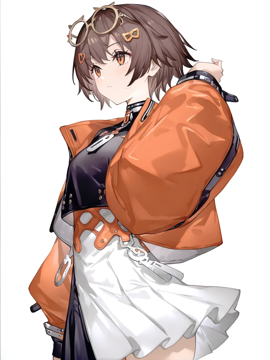 1girl,solo,(simple background:1.2),(white background:1.1),qianqiu,,looking_at_viewer,eyewear on head,from_side,short hair,77gl,orange coat,black skirt,white dress,<lora:qianqiu-000008:0.8>, masterpiece, best quality, very aesthetic, absurdres
