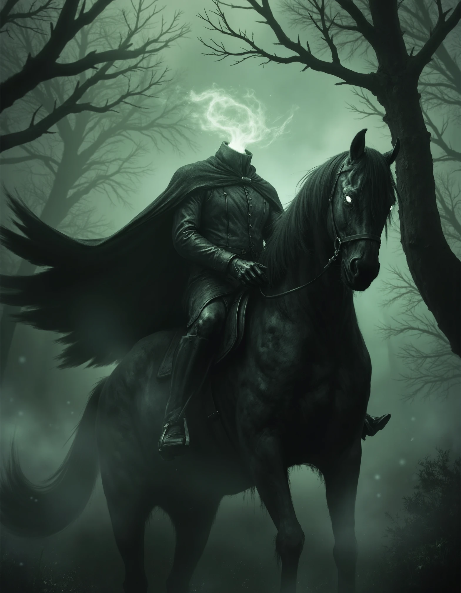 zavy-hdlsshrsmn, Low angle shot from below, the headless horseman riding a black stallion cloaked in a tattered dark cape, an eerie glow emanating from his neck where his head should be, dense mist swirling around him, a dim and haunted forest filled with gnarled trees and shadows, moody atmospheric photography with a focus on dramatic contrasts, a palette of deep blacks and muted grays accented by ghostly greens and hints of silver.