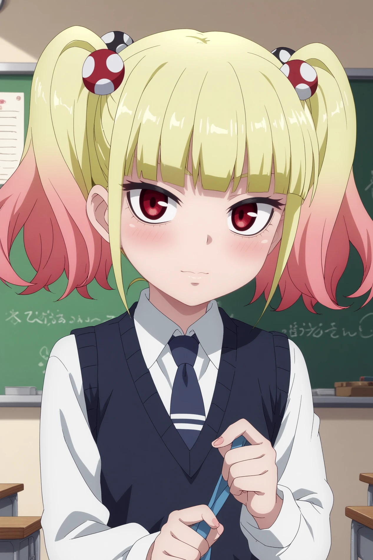 yuria niguredo,1girl,solo,multicolored hair,gradient_hair, pink hair,looking_at_viewer, blunt_bangs, bangs,twintails,hair ornament,school uniform,necktie,shirt,blue necktie,hair bobbles BREAK indoors,classroom,chalkboard    <lora:Yuria_Niguredo_-_Mieruko_Chan.safetensors:0.8> <lora:detailed_backgrounds_v2.safetensors:0.5>