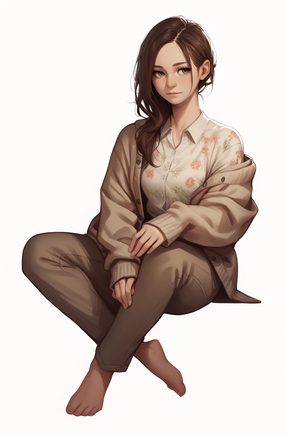 1girl, solo, full body, white background, miawinters, hair over shoulder, brown hair, cardigan, floral-print shirt, brown pants <lora:RE_Winters-PONY:0.8>, score_8_up, score_7_up, score_6_up, score_5_up, score_4_up,