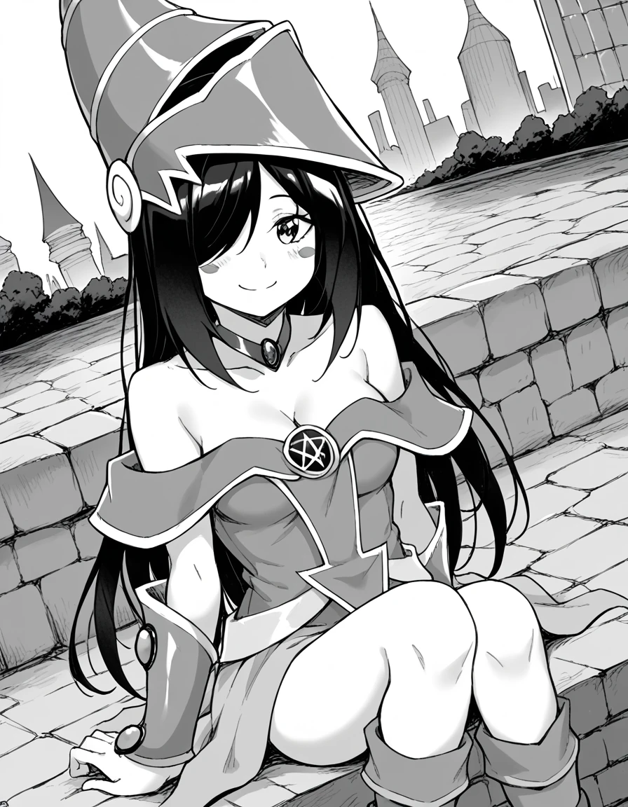 score_9, score_8_up, score_7_up, source_anime, <lora:enishi-fuyushima-manga-ponyxl-lora-nochekaiser:1>, enishi fuyushima, long hair, hair over one eye, black hair, monochrome, greyscale, medium breasts,, <lora:dark-magician-girl-cosplay-ponyxl-lora-nochekaiser:1>, dark magician girl cosplay, dark magician girl (cosplay), bare shoulders, blue footwear, blush, blush stickers, cleavage, collarbone, duel monster, hat, off shoulder, pentacle, wizard hat,, outdoors, cityscape, sitting, smile, blush, cowboy shot, looking at viewer, , dutch angle, cowboy shot