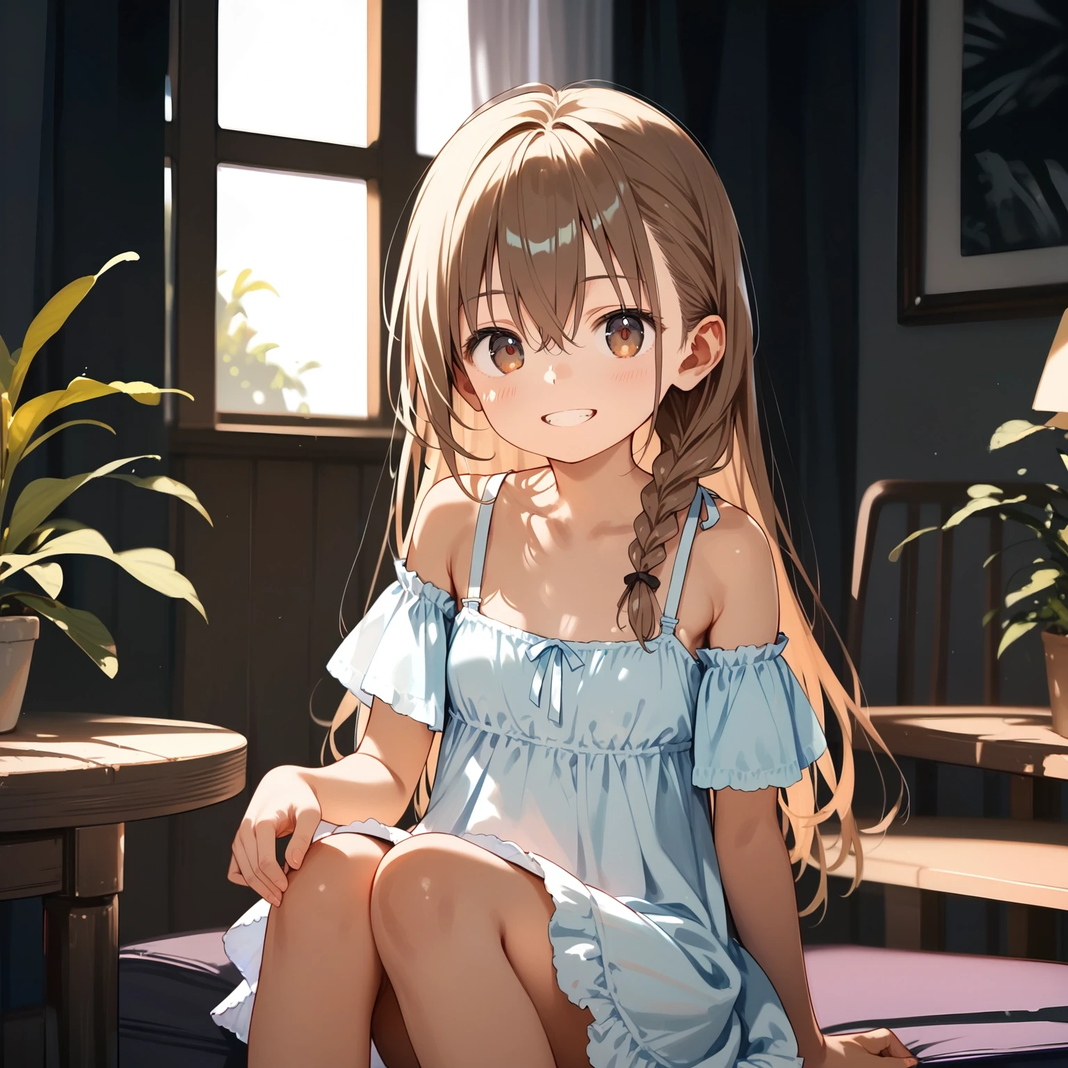 score_9, score_8_up, score_7_up, best quality, source_anime, rating_safe,  best_quality, incredibly_absurdres, indoors,  solo, 1girl, brown_skin,  brown_hair, hair_between_eyes, long hair, (side_braid:1.1),  brown_eyes, looking_at_viewer,  small_breasts, (grin:0.75), off_shoulder sundress,