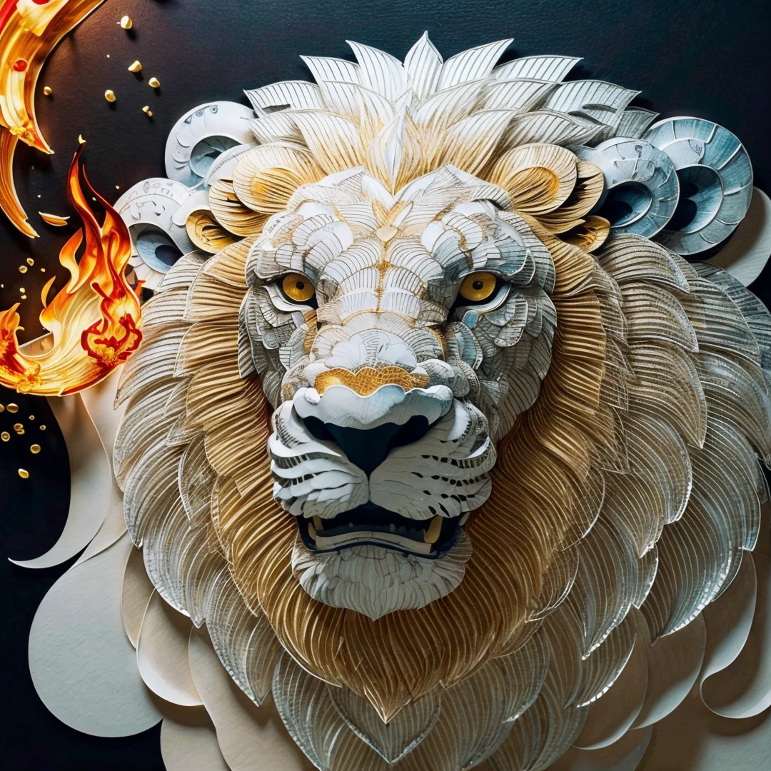 no humans,(lion:1.3),(fire:1.3),flame,fantasy,abstract,(portrait),Highly detailed,(ultra-detailed),(best quality,masterpiece:1.5),<lora:paper art:0.85>,paper art,<lora:ç»èè°æ´:1>,