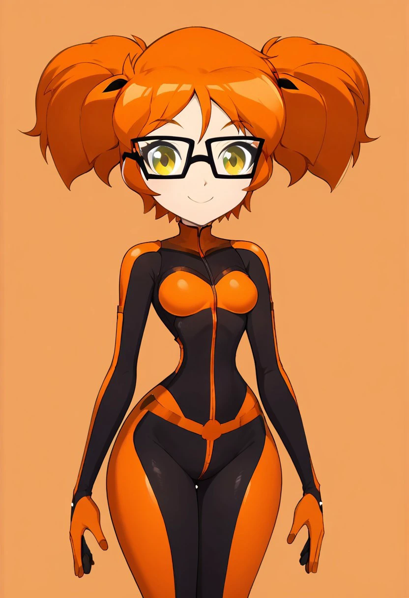 score_9, score_8_up, score_7_up, score_6_up, score_5_up, score_4_up, BREAK source_anime, masterpiece , anime screencap, anime_lineart anime coloring, (small breasts, thin waist, big thighs), MilmilSP, Orange hair, glasses, yellow eyes, twintails, SpaceSuit, Bodysuit, Orange  spacesuit, Orange background, smile