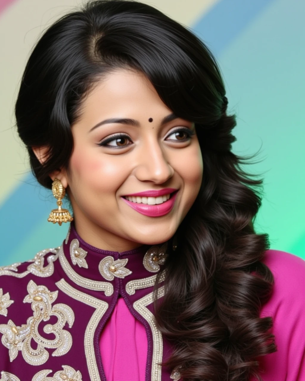 headshot photo of Trisha Krishnan woman,candid photo with natural colors, grinning expression on face,nose pin, studio quality, wearing intricate elegant turtleneck Plum Rajasthani Lehenga, curls, safe for work picture, pastel shaded multicolored background, cinematic lighting<lora:TestBed\Trisha_Krishnan_Flux_Kohya_V1-000004.safetensors:0.8:0.8>