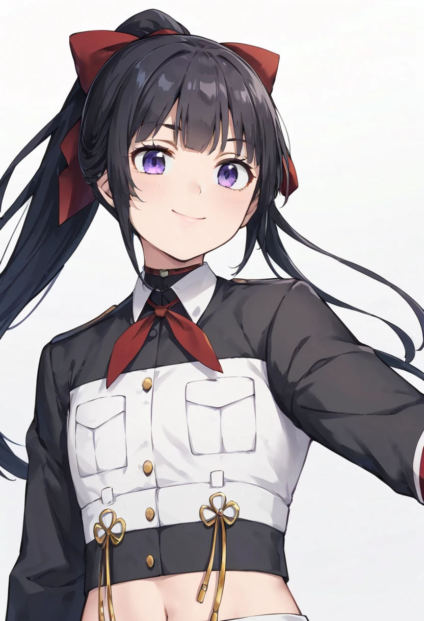 score_9, score_8_up, score_7_up, source_anime,  <lora:lowres_concept_ponyXL_v1:-0.3> 1girl, solo, looking at viewer, upper body, smile, white background, simple background, closed mouth, uniform, 
BREAK,
<lora:muguruma_miyako_PonyXL_v1:1> muguruma miyako, black hair, long hair, ponytail, purple eyes, bangs, red bow, hair bow,