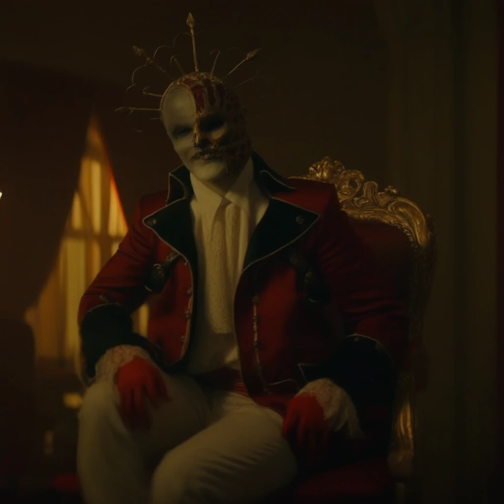 redjackdp, Red Jack sitting elegantly in a luxurious Victorian-style chair in a grand, dimly lit room. He wears a red military coat adorned with gold embroidery, black lapels, and a white ruffled shirt. His skeletal half-mask and spiked gold crown create a haunting presence. One white-gloved hand rests on the arm of the chair, while the other touches his red sash belt. He gazes forward with a dark, intense expression, his face partially in shadow. The background features heavy drapes and gothic decor, enhancing the ominous, regal atmosphere.