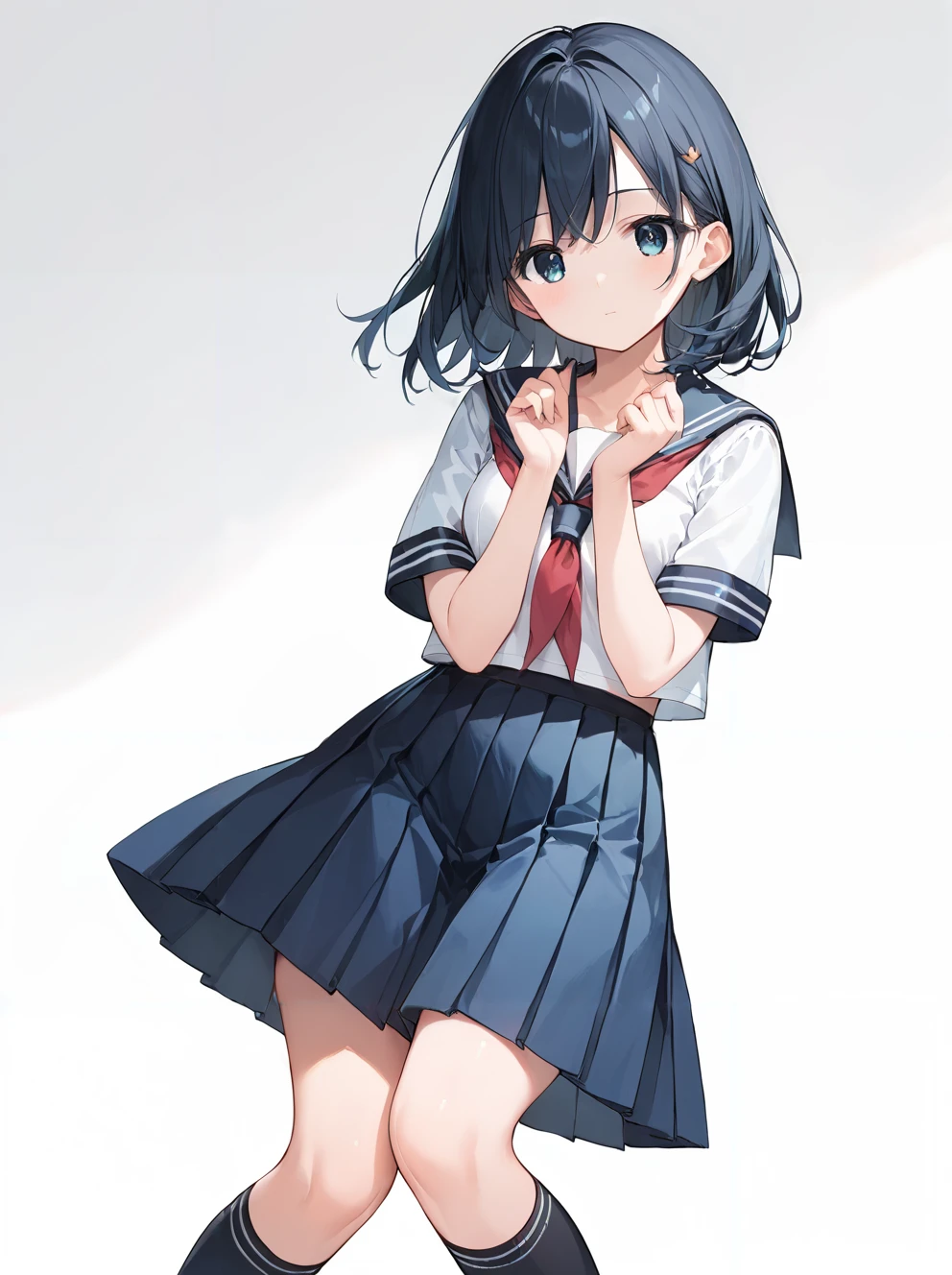 score_9, score_8_up, score_7_up,source_anime, high res image,masterpiece,best quality,(girl:1.0),cute face,clear skin,shiny hair,ultra detailed eyes,simple background, <lora:pigeon-toed_pony_V1.0:0.8>  (pigeon-toed:1.2),serafuku,blush,standing,socks,hands up