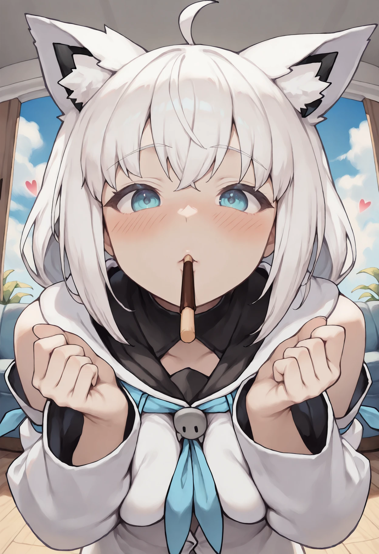 masterpiece, best quality, 1girl, (shirakami fubuki:0.3) \(1st costume\), animal ears, 
looking at viewer, upper body, excited, blush, raised eyebrows, hands up, breasts squeezed together, floating hearts, pocky in mouth, leaning forward, incoming kiss, pocky kiss,
indoors, blue sky, clouds, living room, portrait,