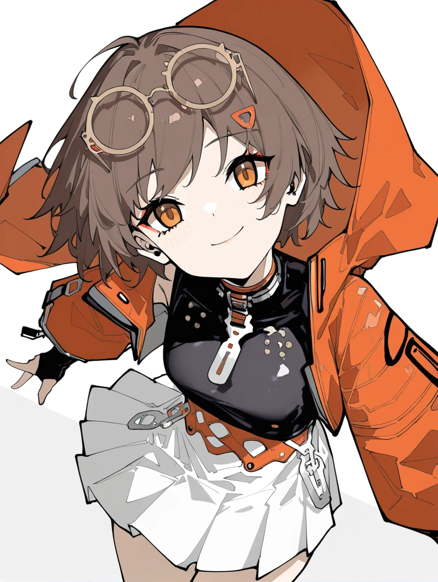 1girl,solo,simple background,white background,qianqiu,cowboy shot,,smile,front view,looking_at_viewer,looking_up,head_tilt,from_above,eyewear on head,<lora:qianqiu-000008:0.8>, masterpiece, best quality, very aesthetic, absurdres