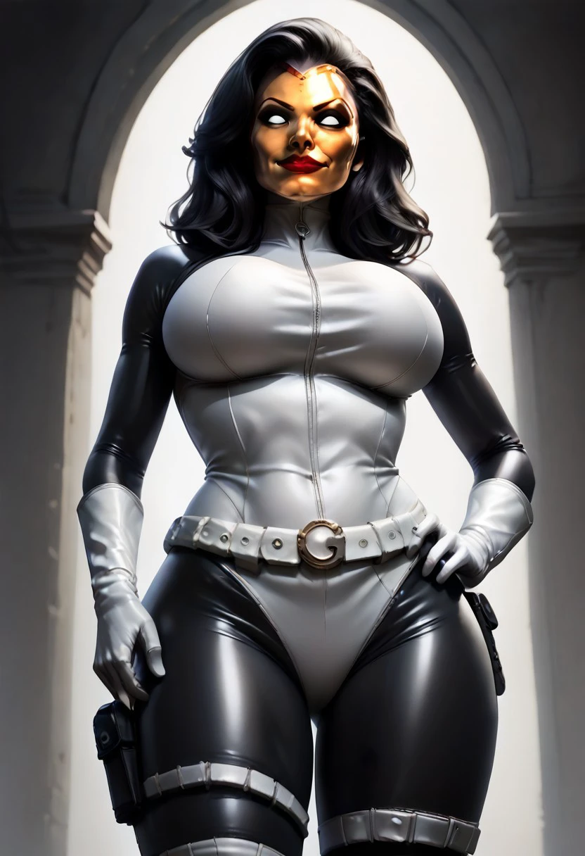 Score_9, score_8_up, score_7_up, best quality,
Madame Masque, 1girl, Gold Mask, Bodysuit, Gloves, Belt, Holster, Boots, hand's on own hips, huge breasts, thick thighs, sexy, latex, skin tight, skinny waist, looking at viewer, from below, looking at viewer, smirk, white eyes, no pupils, white sclera, full body, red lips <lora:seductive-smile-ponyxl-lora-nochekaiser:1>, seductive smile, come hither, naughty face,