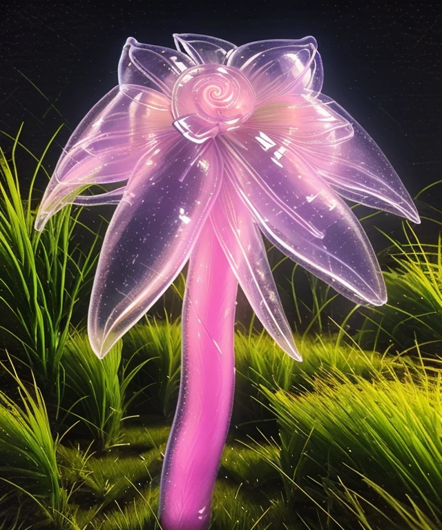 <lora:SpiralcorisSharp50DreamShSkip4:0.8> a flower with spiral core, pink, translucent, grass, night, realism