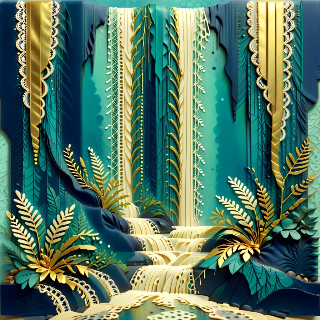 abstract nature print, waterfall, dots and dashes, collage, lace, bauhaus style, Sunken, teal, navy, and gold, fishbone pattern, double exposure effect, bevel accents, horizon-blending, patinated metal texture, embossed finish <lora:artfully_DEPTHMAP:0.8>,  depth map, in the style of carved relief, embossing, encaustic, papercraft,