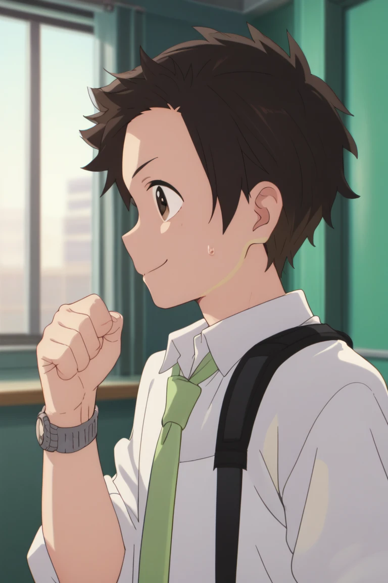 score_9, score_8_up, score_7_up, score_6_up, score_5_up, score_4_up, yonaip, brown eyes, brown hair, 1boy, male focus, necktie, green necktie, shirt, solo, white shirt, collared shirt, upper body, smile, watch, hand up, short hair, closed mouth, sweatdrop, clenched hand, from side, wristwatch, indoors, profile, backpack, bag, sweat