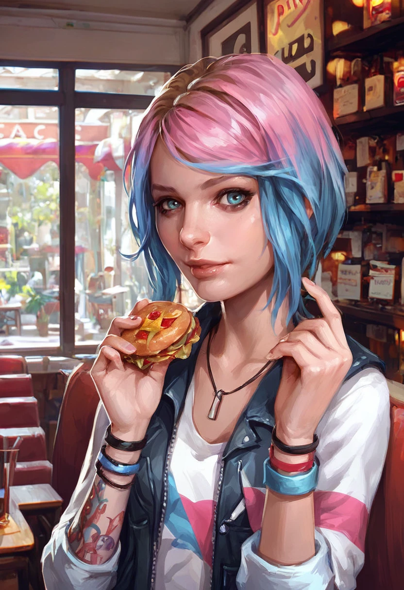 1girl, solo, Chloe Price,   indoor, inside  fastfood cafe, looking at viewer, upper body shot, <lora:NicoleHeat_Pony_V2_con_b2_32-000005:0.8>, score_9, score_8_up, score_7_up,