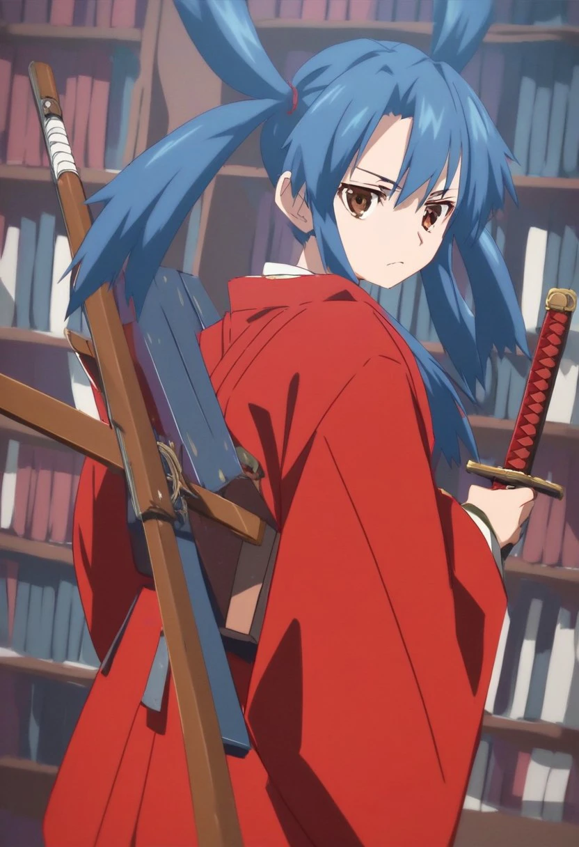 score_9, score_8_up, score_7_up, 
m1r4,Mira,
1girl, solo, long hair, looking at viewer, long sleeves, holding, twintails, brown eyes, blue hair, weapon, sidelocks, japanese clothes, looking back, sword, holding weapon, book, serious, bookshelf